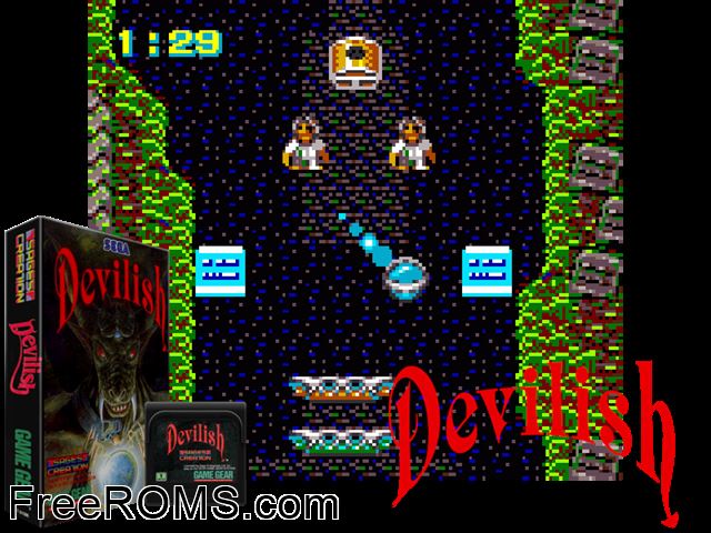 Devilish Game Gear game showing 3D box cover and gameplay screenshot